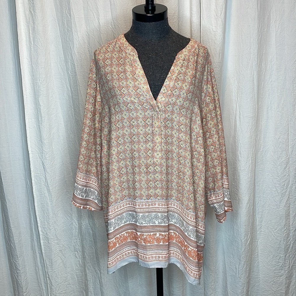 Rose Olive Top Women 2X Plus Orange Blouse 3/4 Sleeve Bohemian Floral Long Line